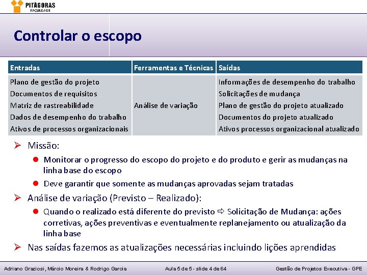 Controlar o escopo Entradas Ferramentas e Técnicas Saídas Plano de gestão do projeto Documentos