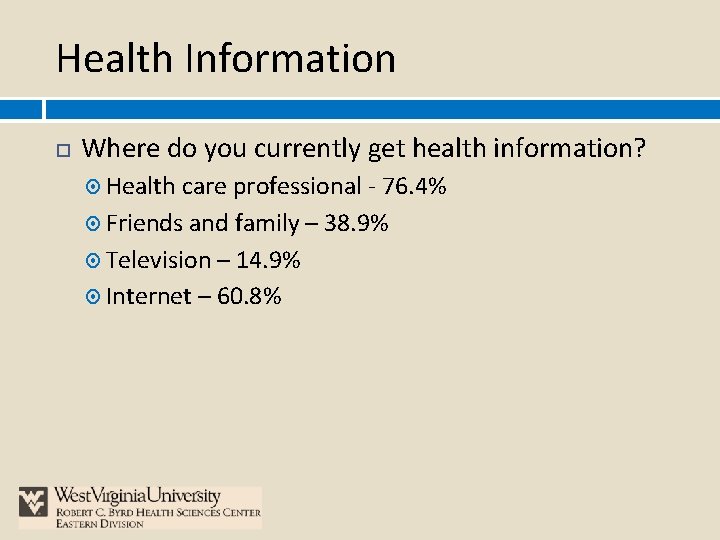 Health Information Where do you currently get health information? Health care professional - 76.