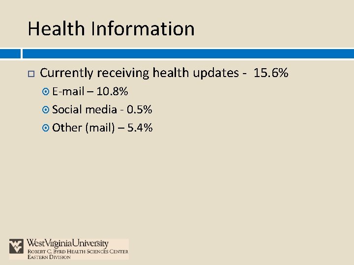 Health Information Currently receiving health updates - 15. 6% E-mail – 10. 8% Social