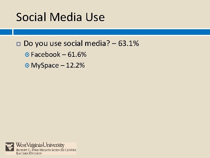 Social Media Use Do you use social media? – 63. 1% Facebook – 61.