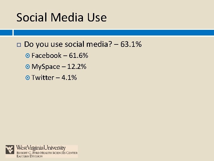 Social Media Use Do you use social media? – 63. 1% Facebook – 61.