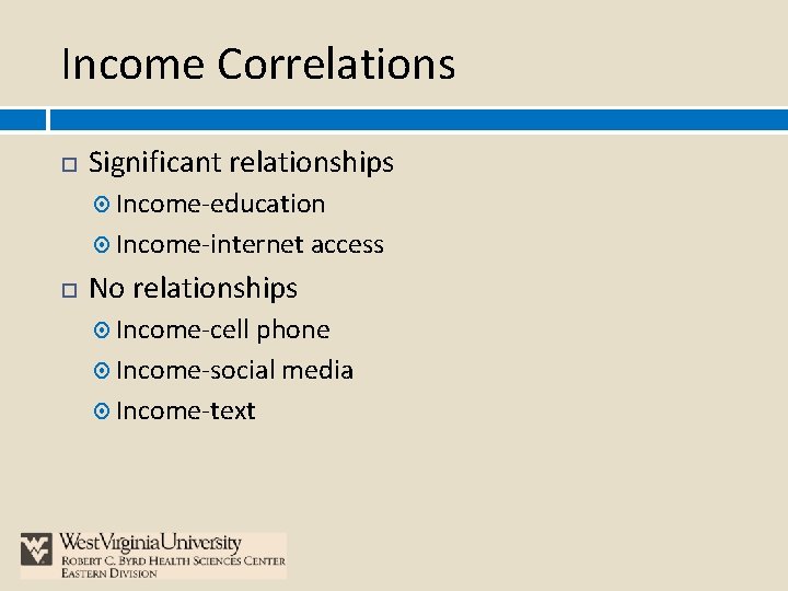 Income Correlations Significant relationships Income-education Income-internet access No relationships Income-cell phone Income-social media Income-text
