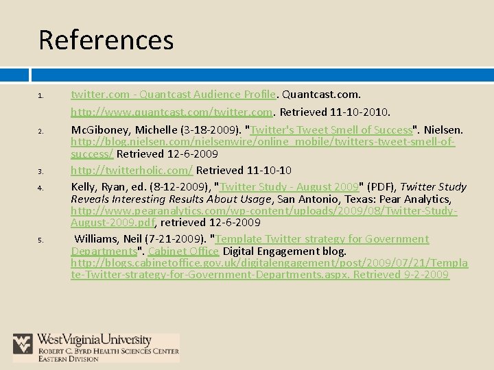 References 1. 2. 3. 4. 5. twitter. com - Quantcast Audience Profile. Quantcast. com.