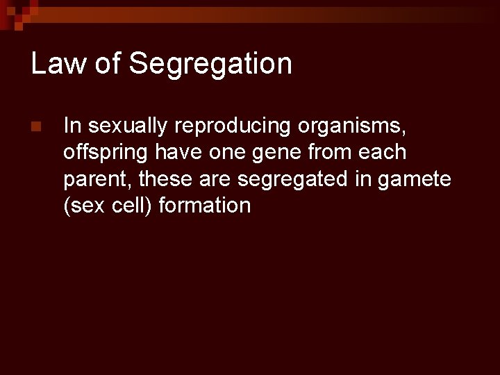 Law of Segregation n In sexually reproducing organisms, offspring have one gene from each