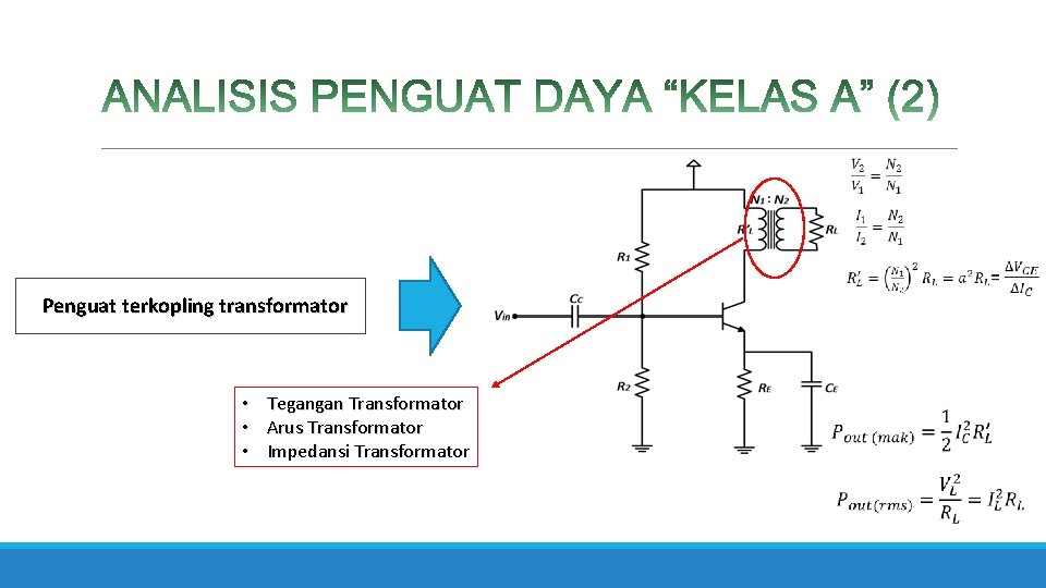 Penguat terkopling transformator • • • Tegangan Transformator Arus Transformator Impedansi Transformator 