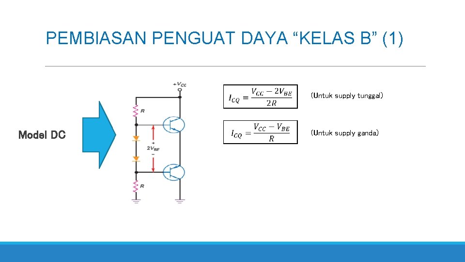 PEMBIASAN PENGUAT DAYA “KELAS B” (1) (Untuk supply tunggal) Model DC (Untuk supply ganda)