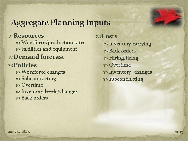 Aggregate Planning Inputs Resources Workforce/production rates Facilities and equipment Demand forecast Policies Workforce changes