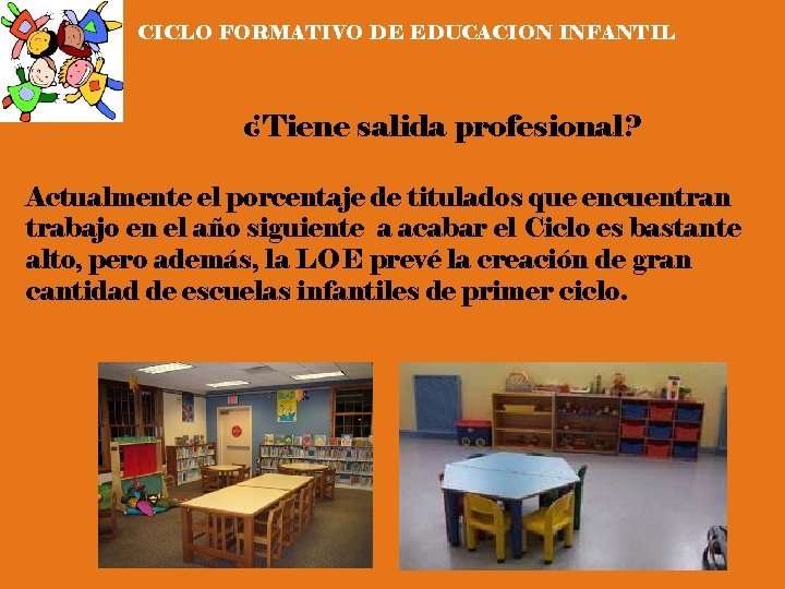 CICLO FORMATIVO DE EDUCACION INFANTIL ¿Tiene salida profesional? Actualmente el porcentaje de titulados que