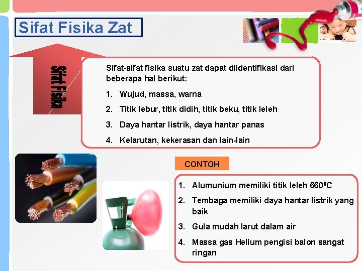 Sifat Fisika Zat Sifat-sifat fisika suatu zat dapat diidentifikasi dari beberapa hal berikut: 1.