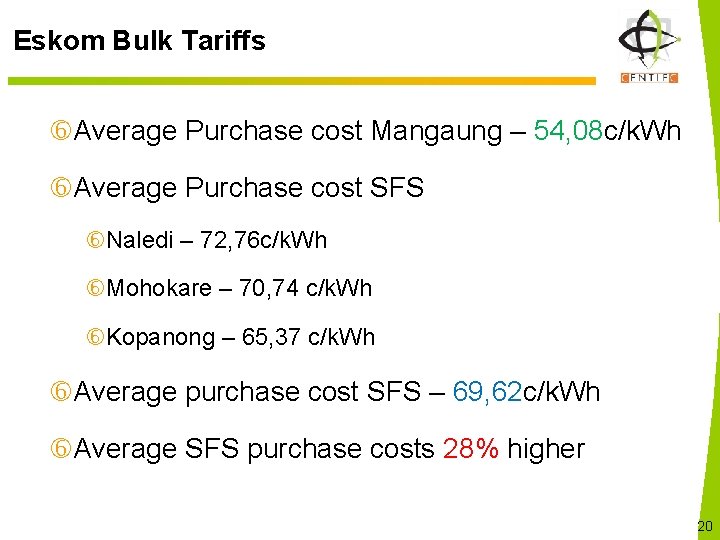 Eskom Bulk Tariffs Average Purchase cost Mangaung – 54, 08 c/k. Wh Average Purchase