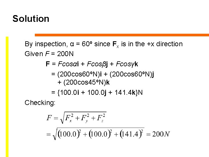 Solution By inspection, α = 60º since Fx is in the +x direction Given