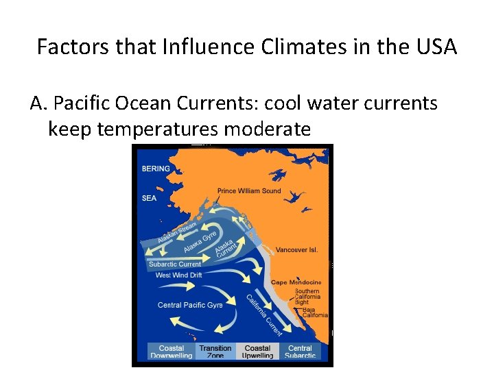 Factors that Influence Climates in the USA A. Pacific Ocean Currents: cool water currents