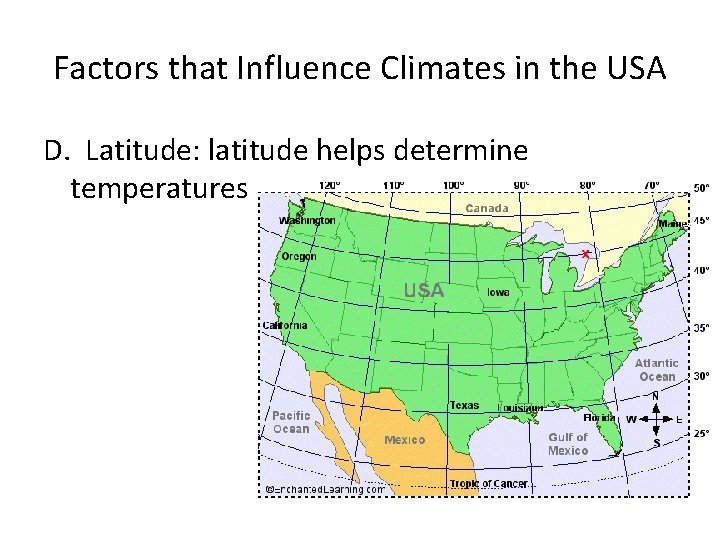 Factors that Influence Climates in the USA D. Latitude: latitude helps determine temperatures 
