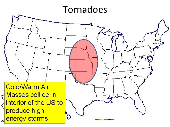 Tornadoes Cold/Warm Air Masses collide in interior of the US to produce high energy