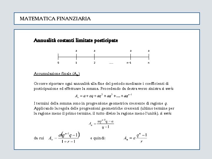 MATEMATICA FINANZIARIA Annualità costanti limitate posticipate 0 a a 1 2 …… a a