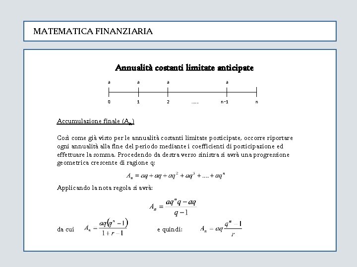 MATEMATICA FINANZIARIA Annualità costanti limitate anticipate a a a 0 1 2 a ……