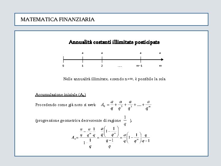 MATEMATICA FINANZIARIA Annualità costanti illimitate posticipate 0 a a 1 2 a …… ∞-1