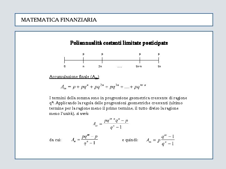 MATEMATICA FINANZIARIA Poliannualità costanti limitate posticipate p 0 n p 2 n p ……