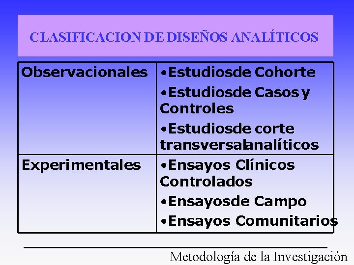CLASIFICACION DE DISEÑOS ANALÍTICOS Observacionales • Estudiosde Cohorte • Estudiosde Casos y Controles • CLASIFICACION DE DISEÑOS ANALÍTICOS Observacionales • Estudiosde Cohorte • Estudiosde Casos y Controles •
