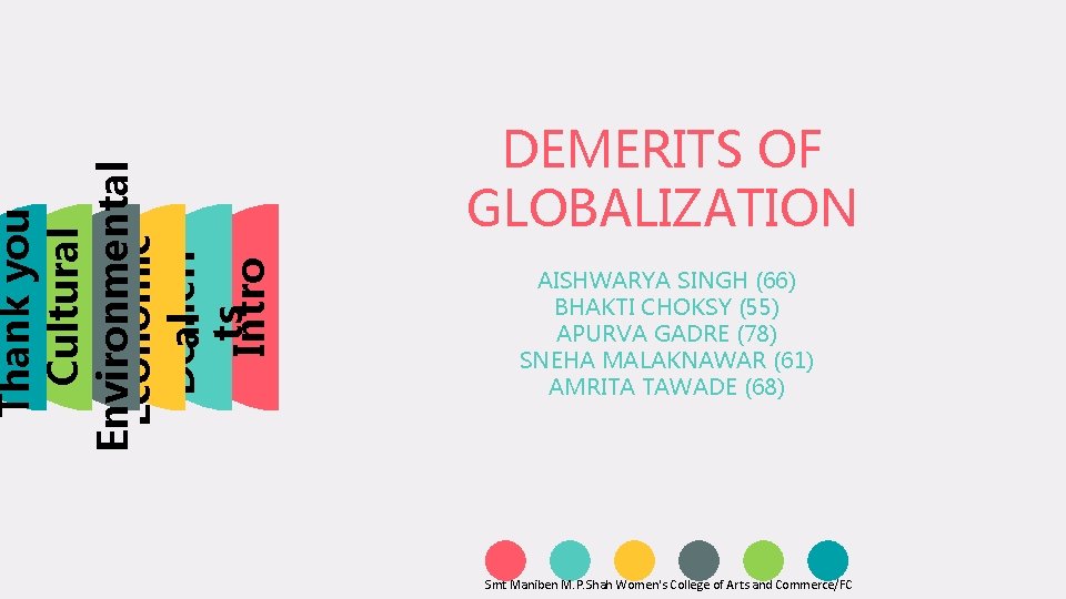 Thank you Cultural Environmental Economic Demeri al ts Intro DEMERITS OF GLOBALIZATION AISHWARYA SINGH Thank you Cultural Environmental Economic Demeri al ts Intro DEMERITS OF GLOBALIZATION AISHWARYA SINGH