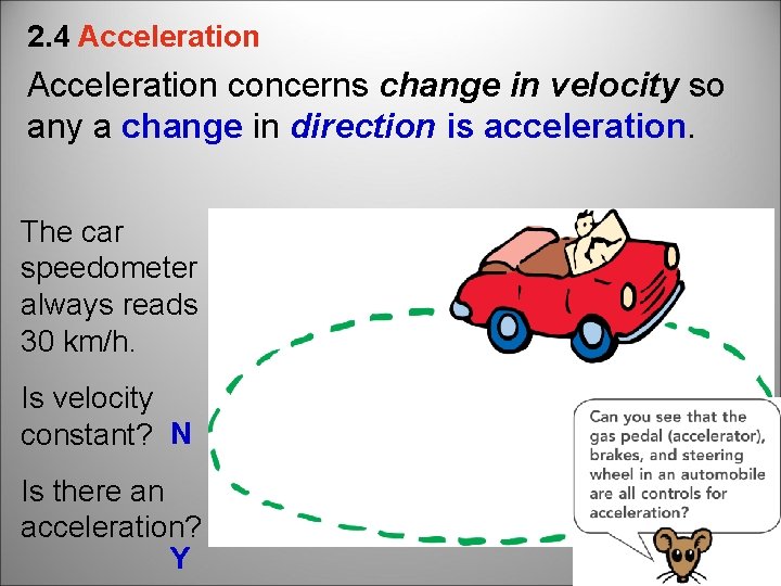 2. 4 Acceleration concerns change in velocity so any a change in direction is