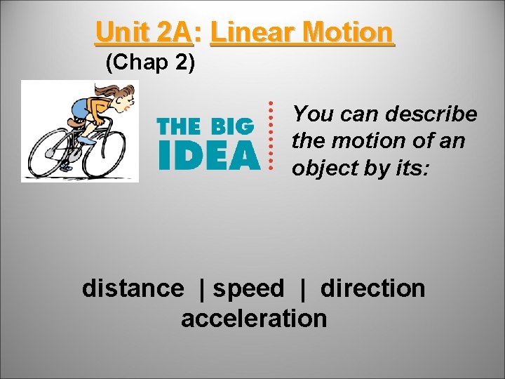 Unit 2 A: Linear Motion (Chap 2) You can describe the motion of an