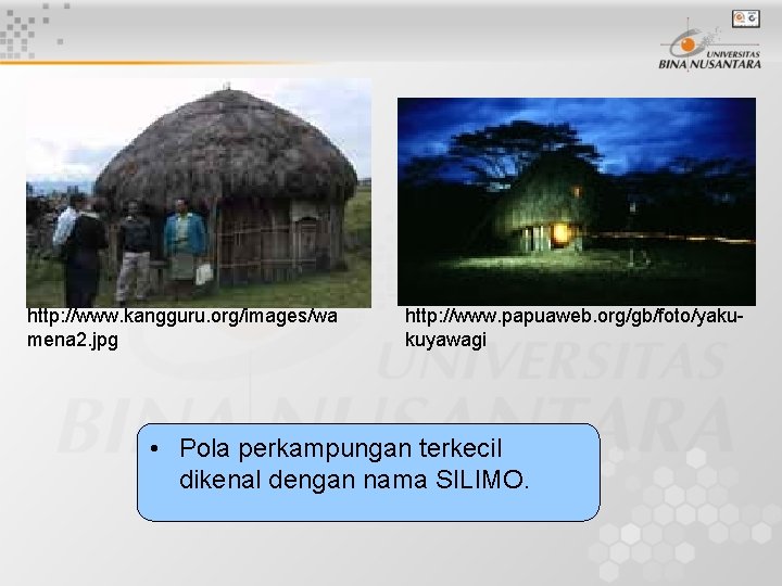 http: //www. kangguru. org/images/wa mena 2. jpg http: //www. papuaweb. org/gb/foto/yakukuyawagi • Pola perkampungan