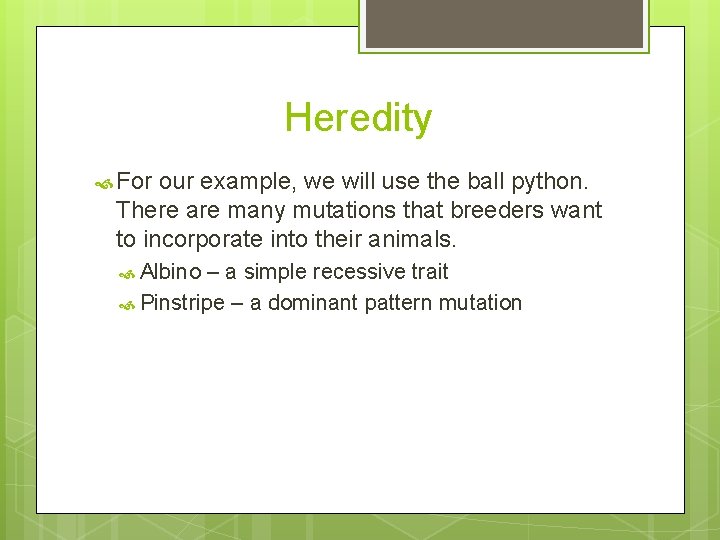 Heredity For our example, we will use the ball python. There are many mutations