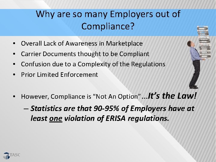 Why are so many Employers out of Compliance? • • Overall Lack of Awareness