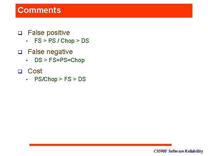 Comments q False positive • q False negative • q FS > PS /