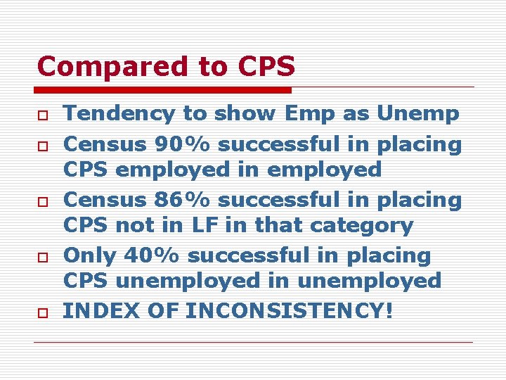 Compared to CPS o o o Tendency to show Emp as Unemp Census 90%