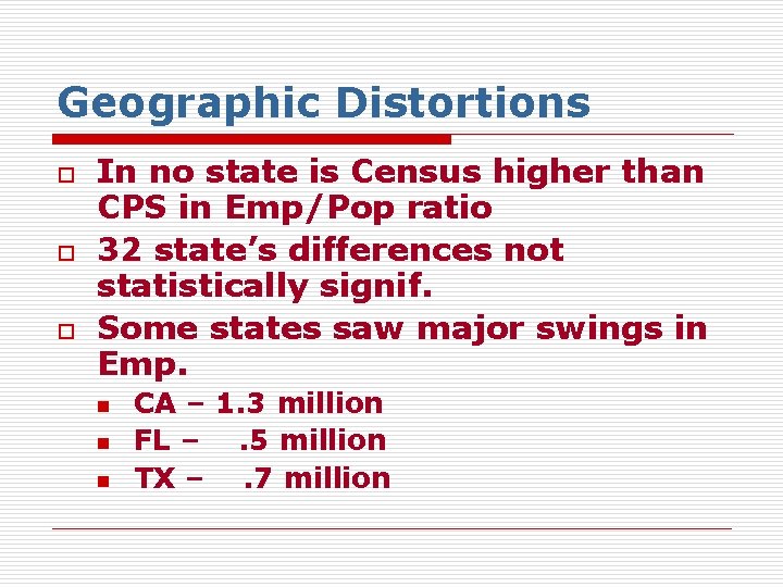 Geographic Distortions o o o In no state is Census higher than CPS in