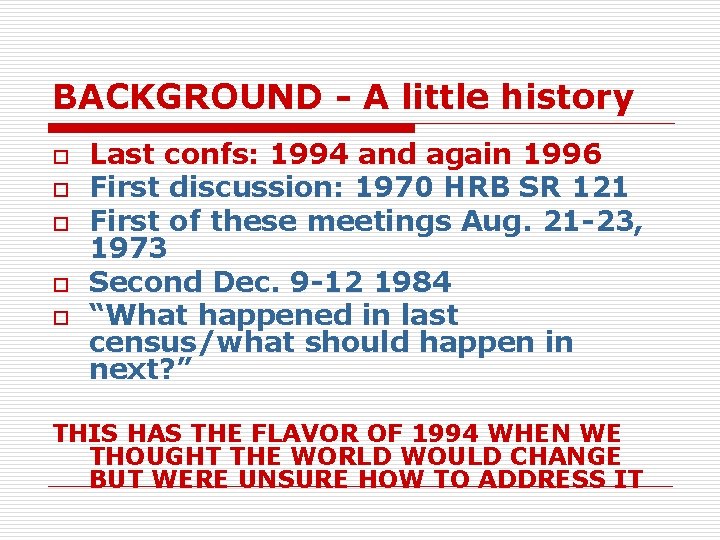 BACKGROUND - A little history o o o Last confs: 1994 and again 1996