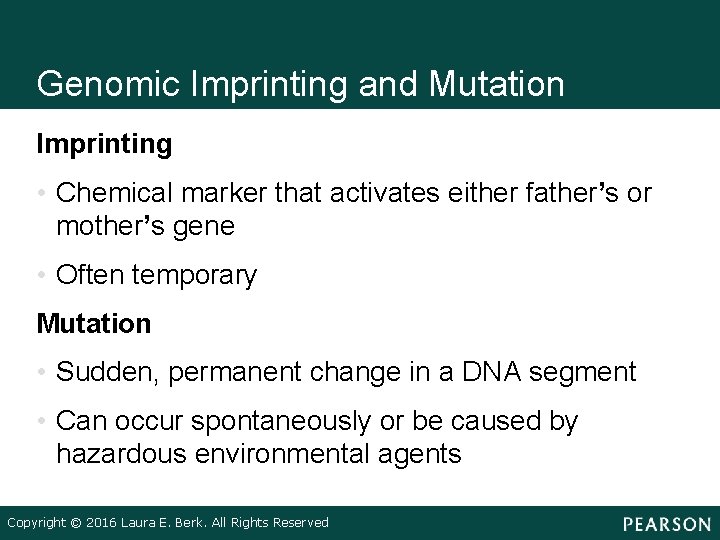 Genomic Imprinting and Mutation Imprinting • Chemical marker that activates either father’s or mother’s