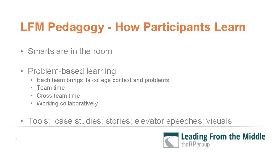 LFM Pedagogy - How Participants Learn • Smarts are in the room • Problem