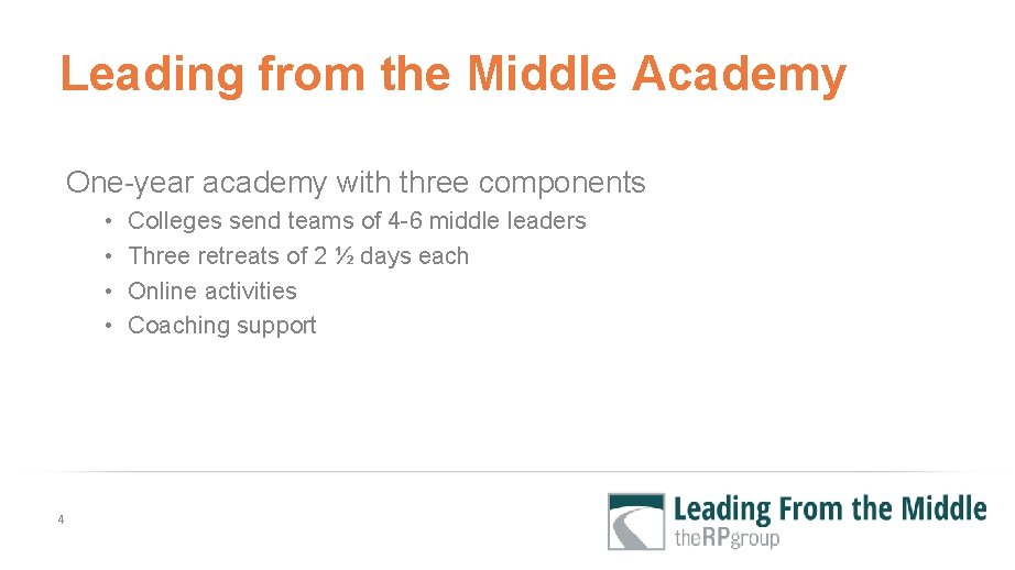 Leading from the Middle Academy One year academy with three components • • 4