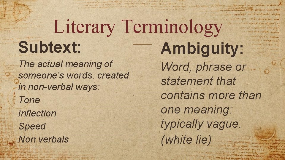 Literary Terminology Subtext: Ambiguity: The actual meaning of someone’s words, created in non-verbal ways: