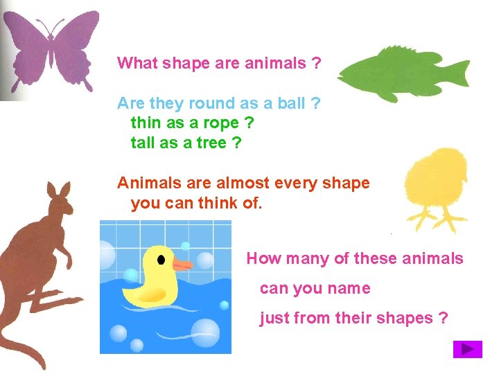 What shape are animals ? Are they round as a ball ? thin as