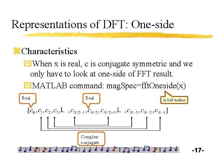 Representations of DFT: One-side z. Characteristics y. When x is real, c is conjugate