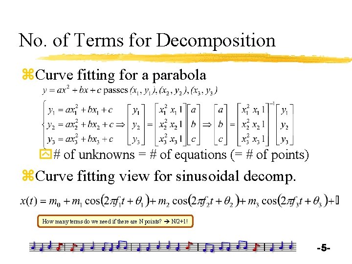 No. of Terms for Decomposition z. Curve fitting for a parabola y# of unknowns