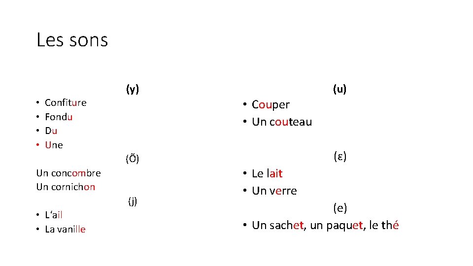 Les sons • • Confiture Fondu Du Une (y) (u) • Couper • Un