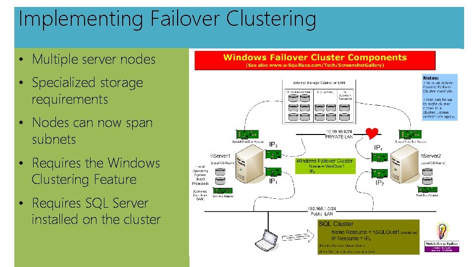 Implementing Failover Clustering • Multiple server nodes • Specialized storage requirements • Nodes can