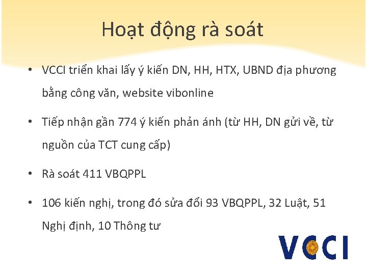 Hoạt động rà soát • VCCI triển khai lấy ý kiến DN, HH, HTX,