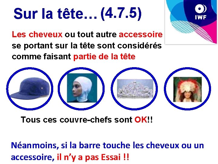 Sur la tête… (4. 7. 5) Les cheveux ou tout autre accessoire se portant