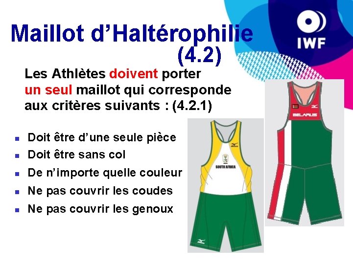 Maillot d’Haltérophilie (4. 2) Les Athlètes doivent porter un seul maillot qui corresponde aux
