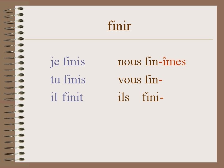 finir je finis tu finis il finit nous fin-îmes vous finils fini- 