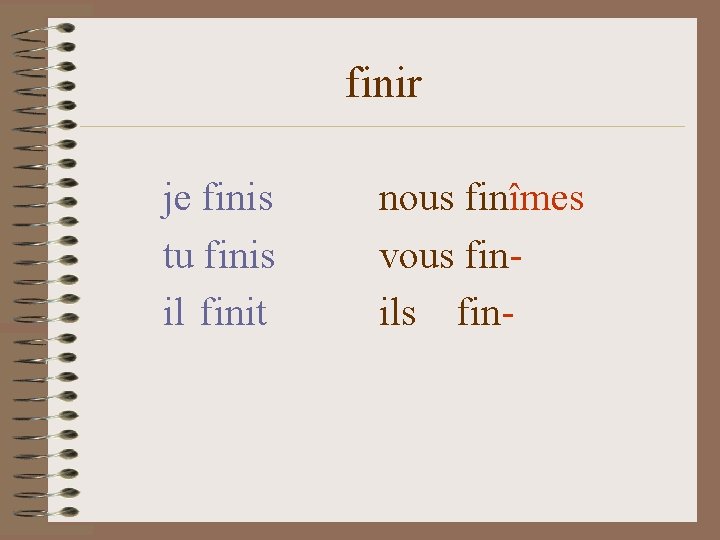 finir je finis tu finis il finit nous finîmes vous finils fin- 