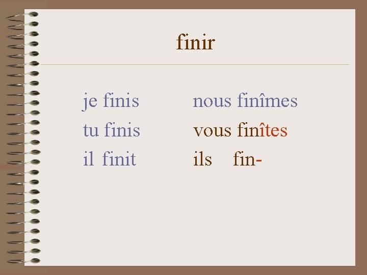 finir je finis tu finis il finit nous finîmes vous finîtes ils fin- 