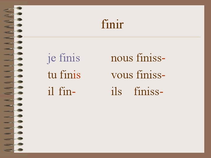 finir je finis tu finis il fin- nous finissvous finissils finiss- 