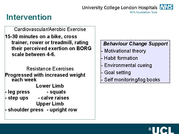 Intervention Cardiovascular/Aerobic Exercise 15 -30 minutes on a bike, cross trainer, rower or treadmill,